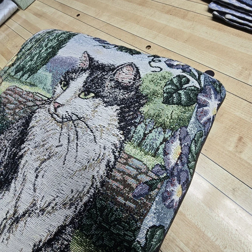 Vintage Tapestry Throw Pillow Cat Bird Garden 16